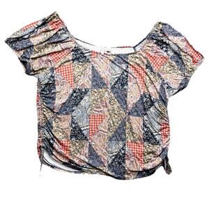 Cato Blouse Womens XL Boat Neck Paisley Patchwork Puff Sleeve Floral Slinky